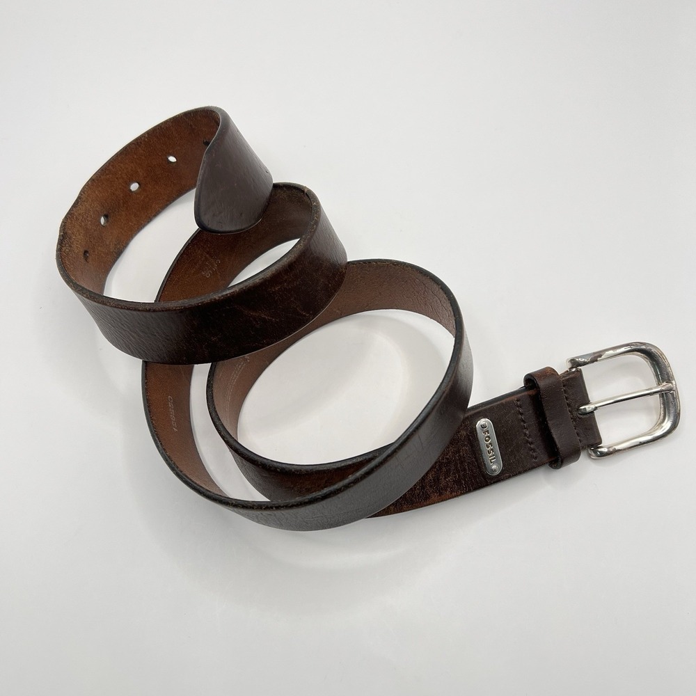 Fossil Leather Belt Sz 38 Brown Silver Tone Buckle Patina Timeless Classic